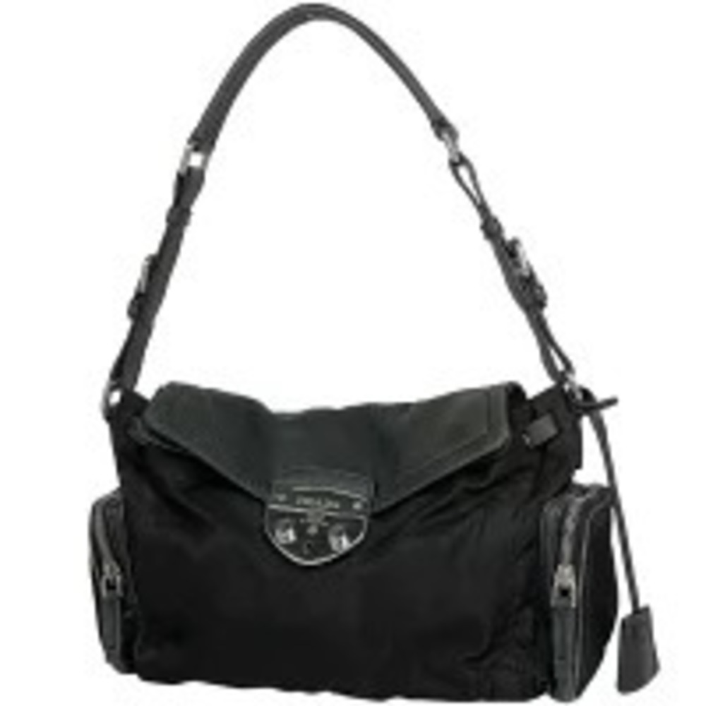 Prada black shoulder bag top flap secure clasp Black